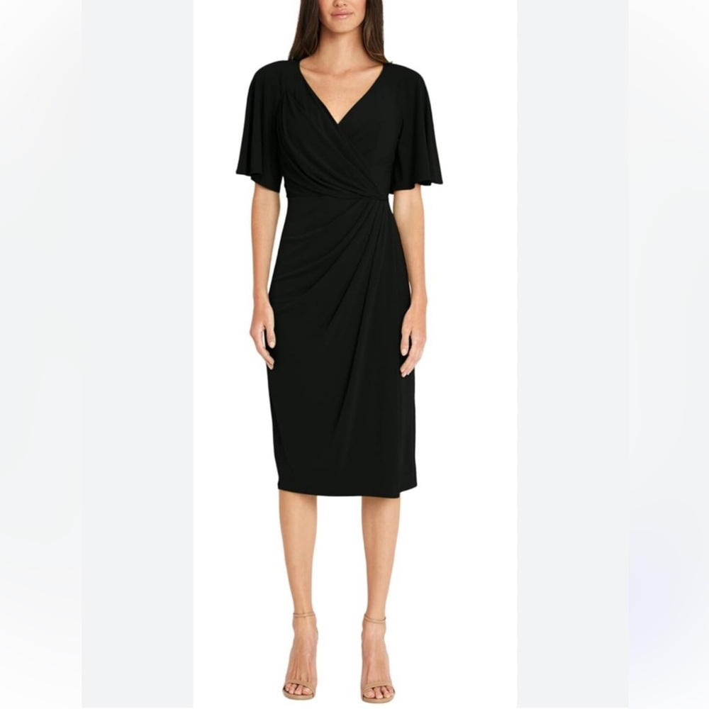 Maggy London V-Neck Flutter Sleeve Faux Wrap Black Midi Dress / Event Ready